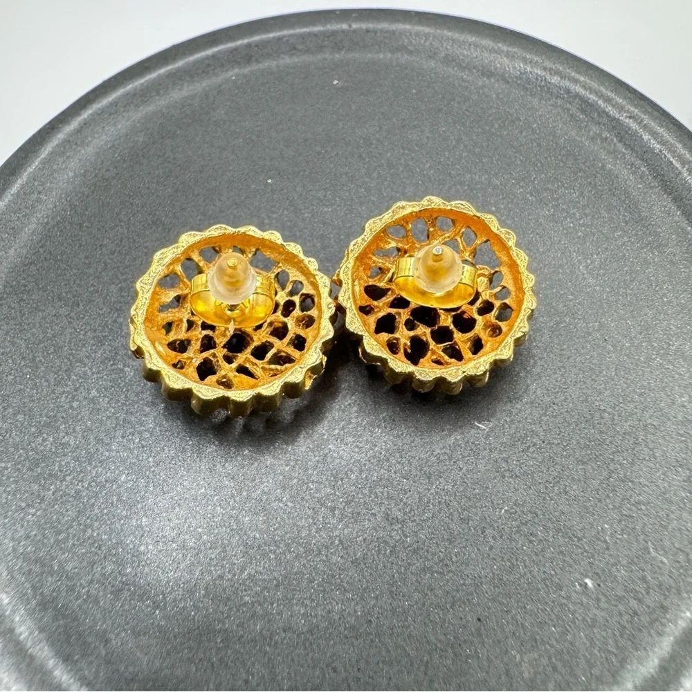 Vintage Gold Tone Textured Dome Stud Earrings | Brutalist Statement 3D Retro